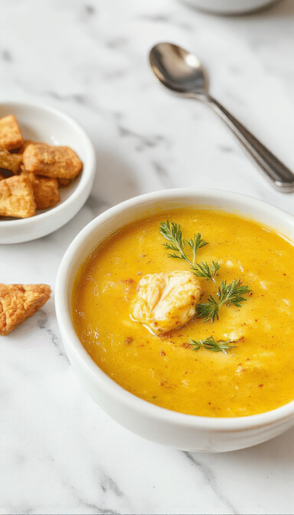 A vibrant bowl of golden turmeric chicken soup garnished with fresh herbs and slices of tender chicken on a rustic wooden table, with a side of lemon wedges and a scattering of black pepper, showcasing a rich, chunky texture and a warm, inviting ambiance.