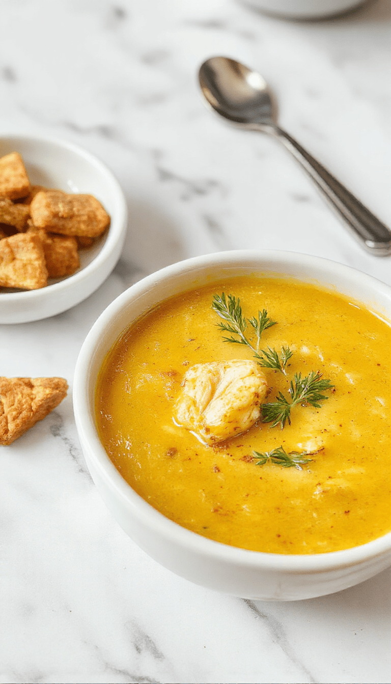 A vibrant bowl of golden turmeric chicken soup garnished with fresh herbs and slices of tender chicken on a rustic wooden table, with a side of lemon wedges and a scattering of black pepper, showcasing a rich, chunky texture and a warm, inviting ambiance.