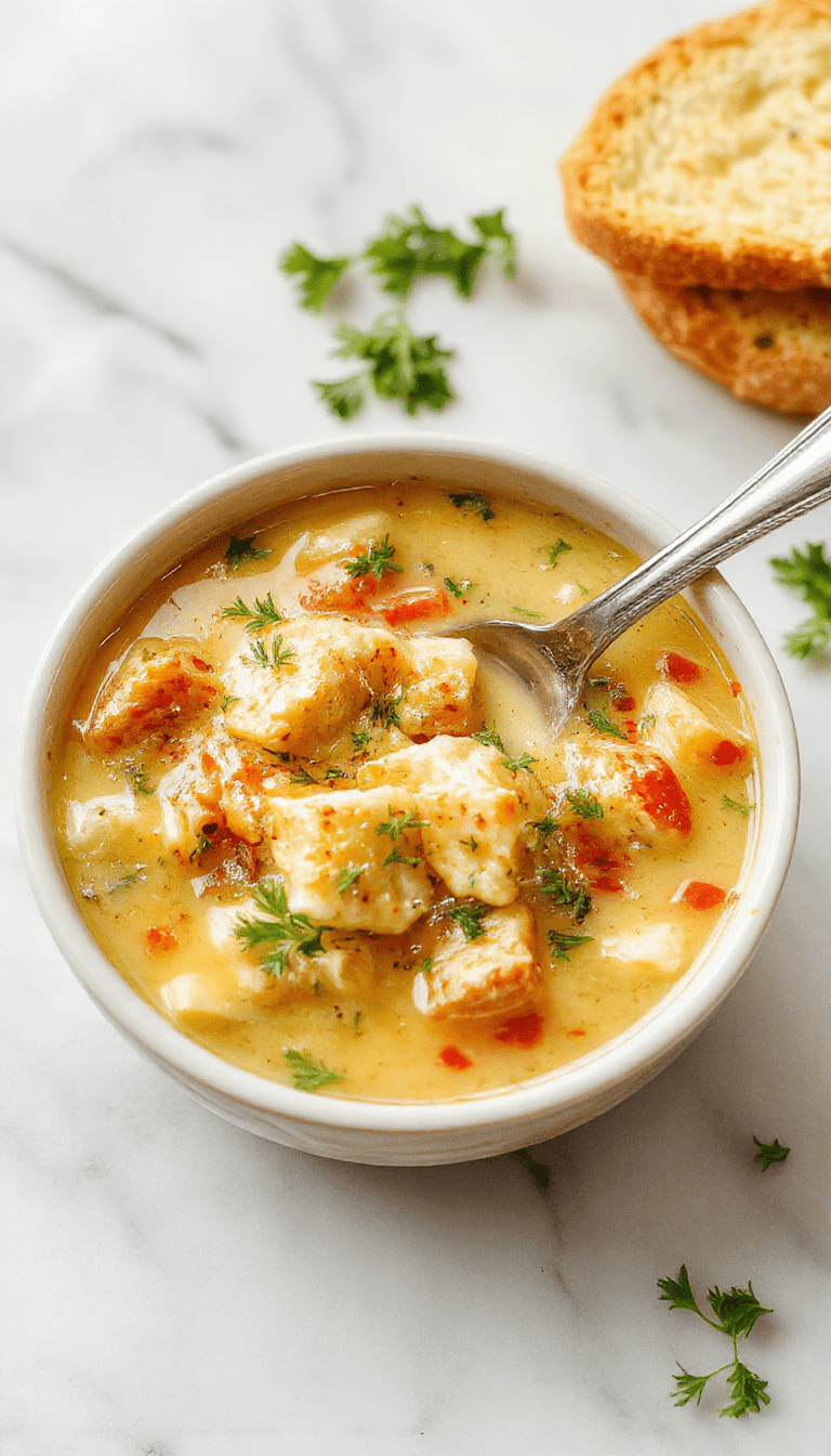 A vibrant bowl of chicken pot pie soup garnished with chopped parsley and freshly cracked black pepper, served alongside flaky golden crust pieces. The creamy, hearty broth with chunks of tender chicken, vegetables, and herbs is contrasted by a rustic wooden table background, emphasizing a warm, comforting meal.
