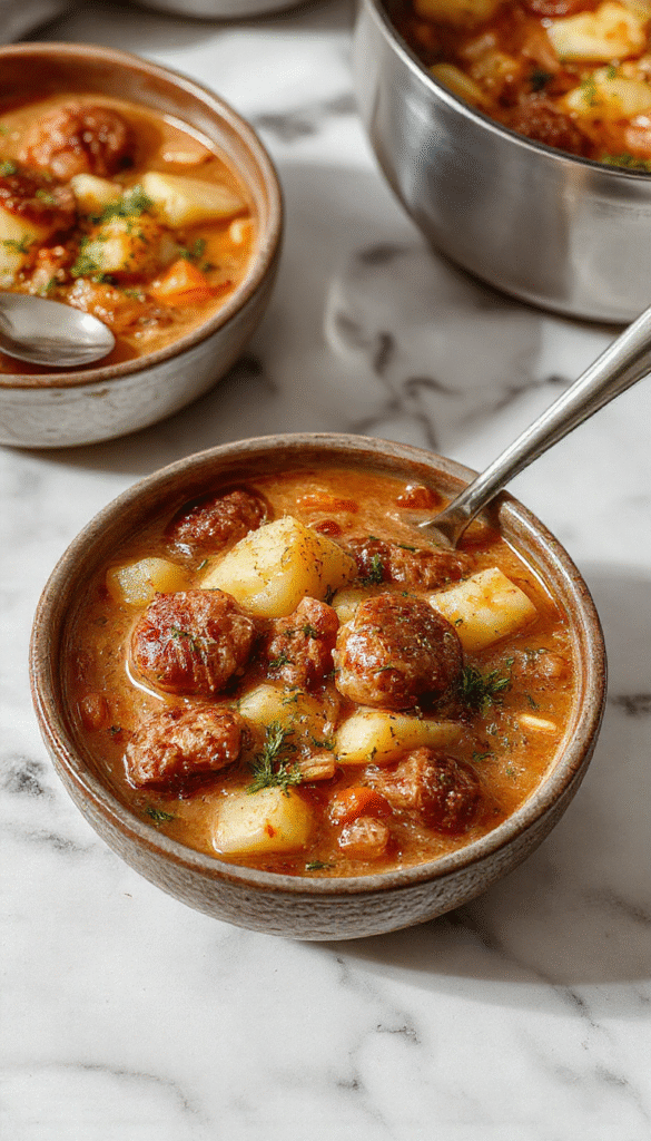 A warm, inviting bowl of sausage potato soup with visible chunks of golden-brown sausage, tender potatoes, and vibrant green herbs sprinkled on top, served in a rustic ceramic bowl on a wooden table, steam rising to evoke comfort and homestyle appeal, with a backdrop of fresh ingredients and a cozy kitchen ambiance.