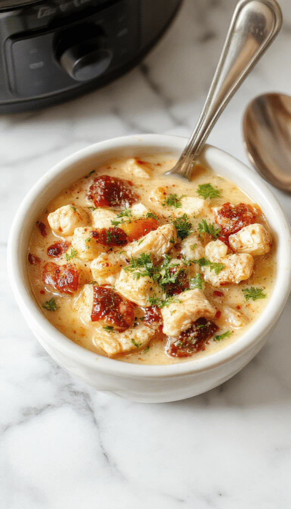 A bowl of steaming chicken and wild rice soup with tender chunks of chicken, hearty wild rice, colorful vegetables, and fresh herbs, styled in a rustic white bowl on a wooden surface, with a spoon beside, vibrant and inviting, showcasing rich textures and warm tones.