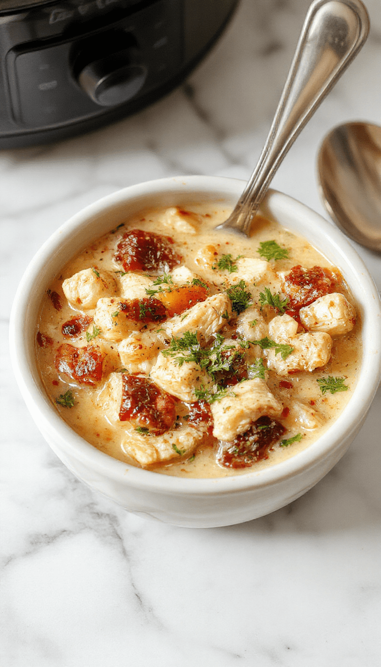 A bowl of steaming chicken and wild rice soup with tender chunks of chicken, hearty wild rice, colorful vegetables, and fresh herbs, styled in a rustic white bowl on a wooden surface, with a spoon beside, vibrant and inviting, showcasing rich textures and warm tones.