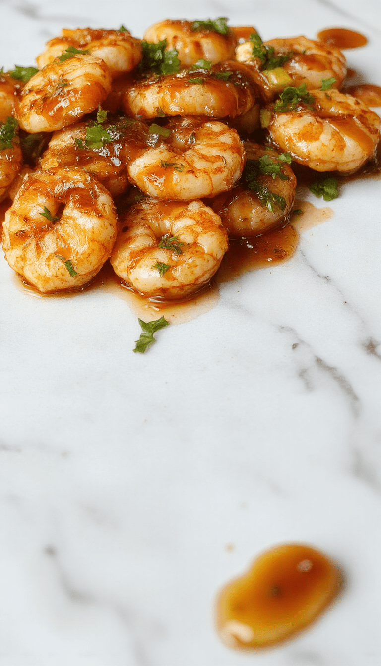 Vibrant high-protein honey garlic shrimp plated elegantly on a rustic white dish, garnished with fresh parsley. The shrimp are caramelized to a golden brown, coated with a glossy honey garlic sauce, and arranged neatly with lemon wedges on the side. The background features a wooden table and soft natural lighting emphasizing the textures and colors of the dish.