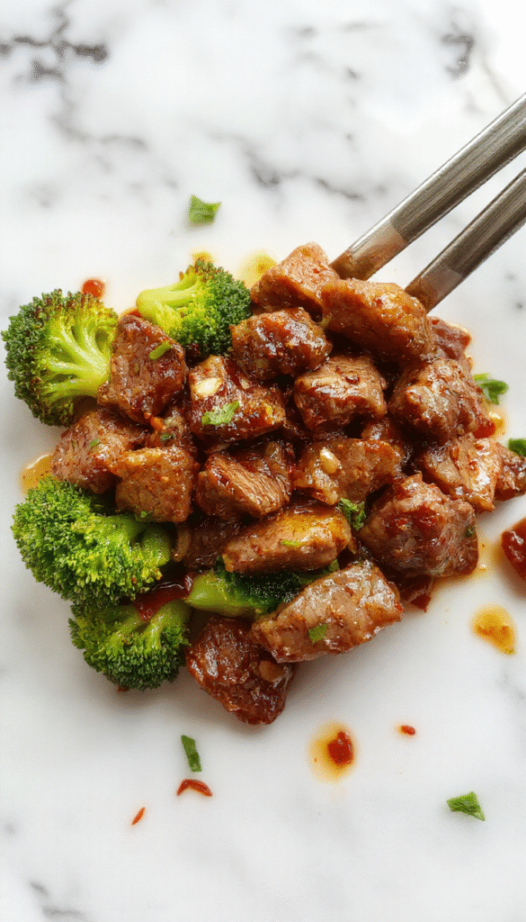 A vibrant plate of Chinese Beef and Broccoli Stir-Fry featuring tender sliced beef and crisp broccoli florets coated in a glossy savory sauce, garnished with sliced green onions, served on a white plate with chopsticks on a wooden table.