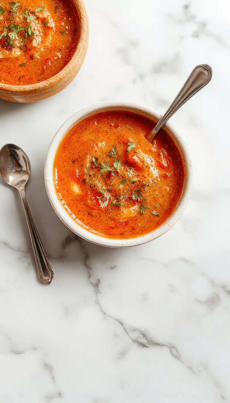 A vibrant bowl of homemade tomato soup topped with fresh basil leaves and a drizzle of cream, served on a rustic wooden table with slices of toasted bread on the side. The soup has a smooth, velvety texture and rich red color, inviting warmth and comfort.