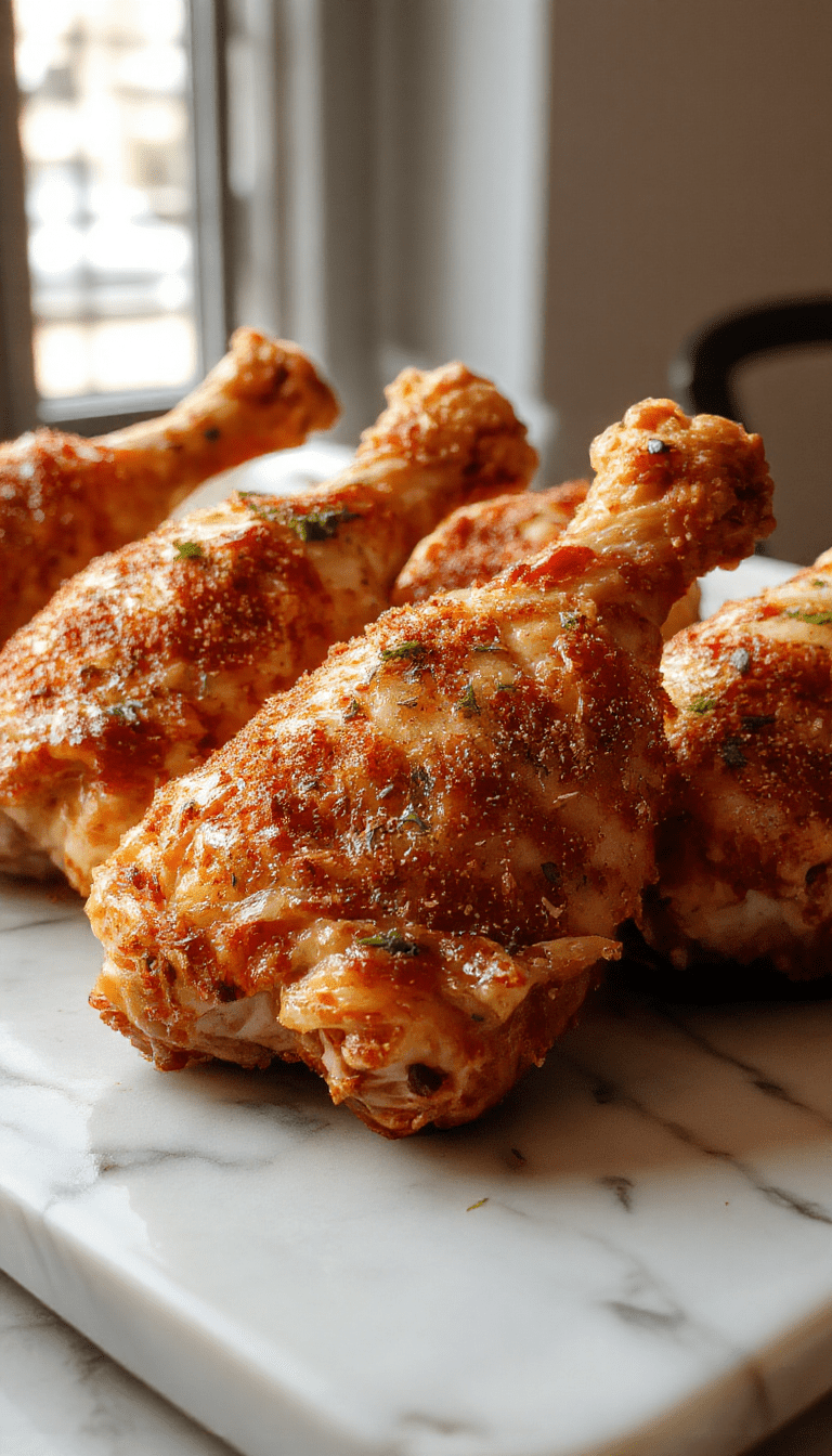 A close-up of beautifully baked chicken legs with golden crispy skin, arranged on a rustic white plate garnished with fresh herbs, set on a wooden table with vibrant side vegetables and a drizzle of sauce, showcasing textures from crispy skin to tender meat.