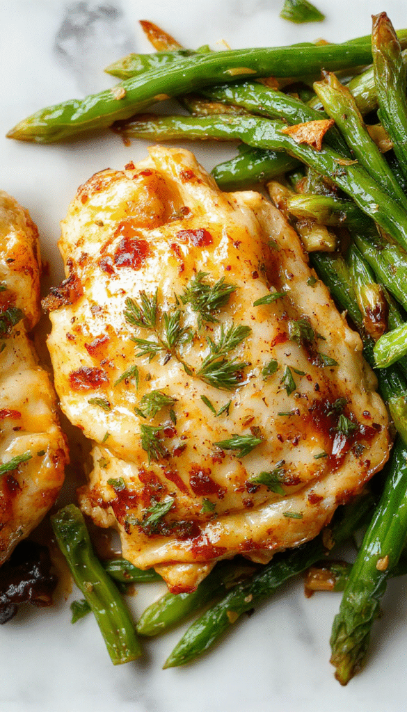 Colorful image showcasing golden-brown chicken thighs topped with fresh lemon slices and herbs, accompanied by vibrant green beans in a rustic ceramic plate, drizzled with garlic butter and styled with fresh herbs on a wooden table.