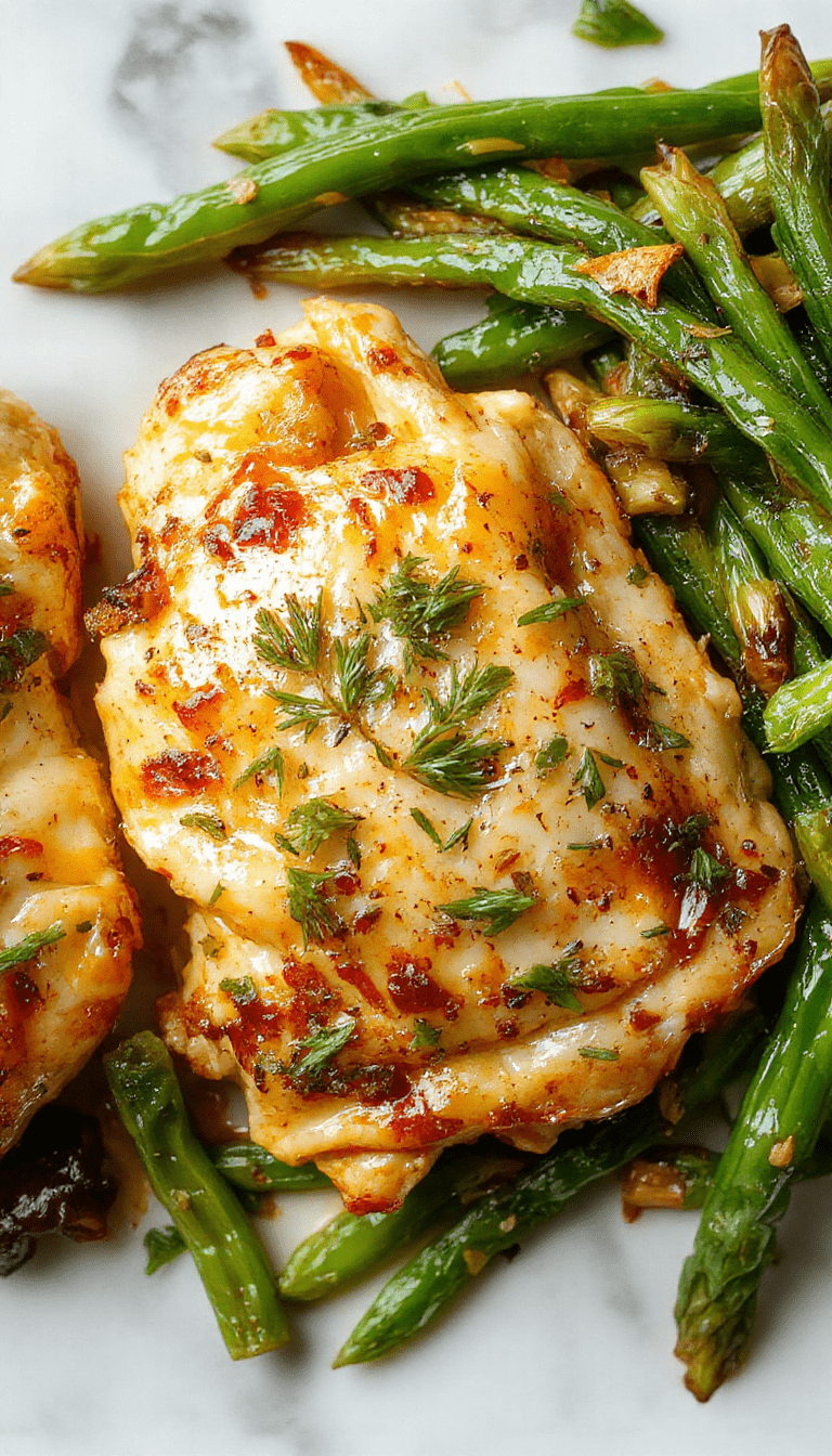 Colorful image showcasing golden-brown chicken thighs topped with fresh lemon slices and herbs, accompanied by vibrant green beans in a rustic ceramic plate, drizzled with garlic butter and styled with fresh herbs on a wooden table.
