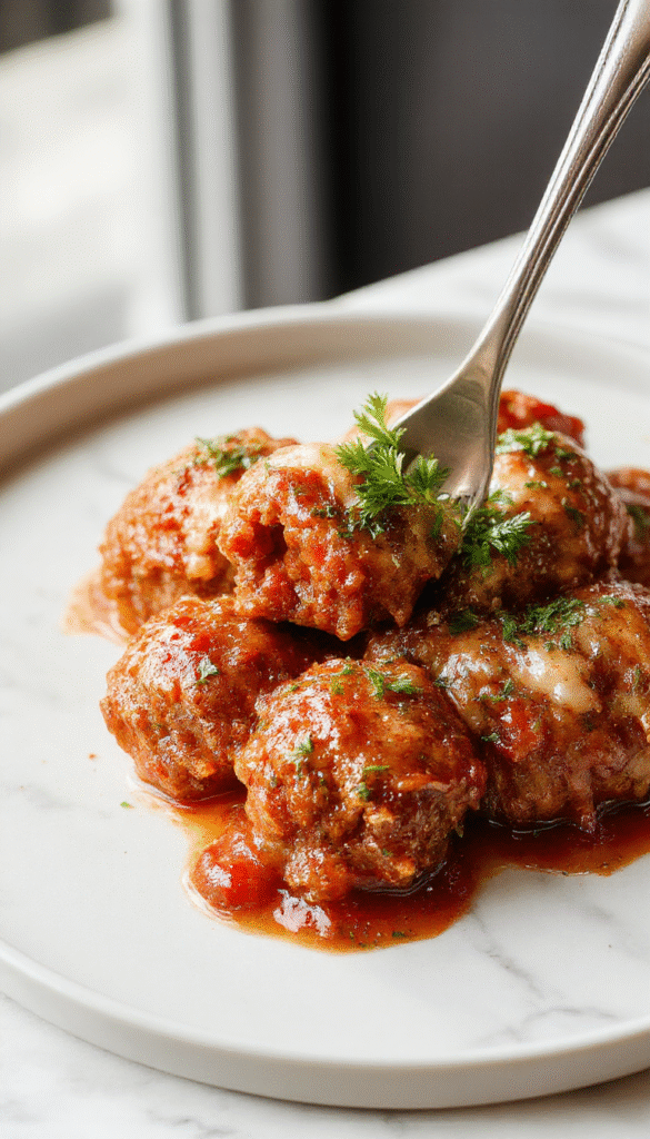 A close-up of beautifully browned italian meatballs sitting on a rustic plate, garnished with fresh parsley. The meatballs have a glossy, tender texture, showcasing their juicy interior. The background features a blurred bowl of marinara sauce, steaming pasta, and vibrant herbs, highlighting a hearty italian meal with rich reds, greens, and browns, styled for an inviting homemade dinner.