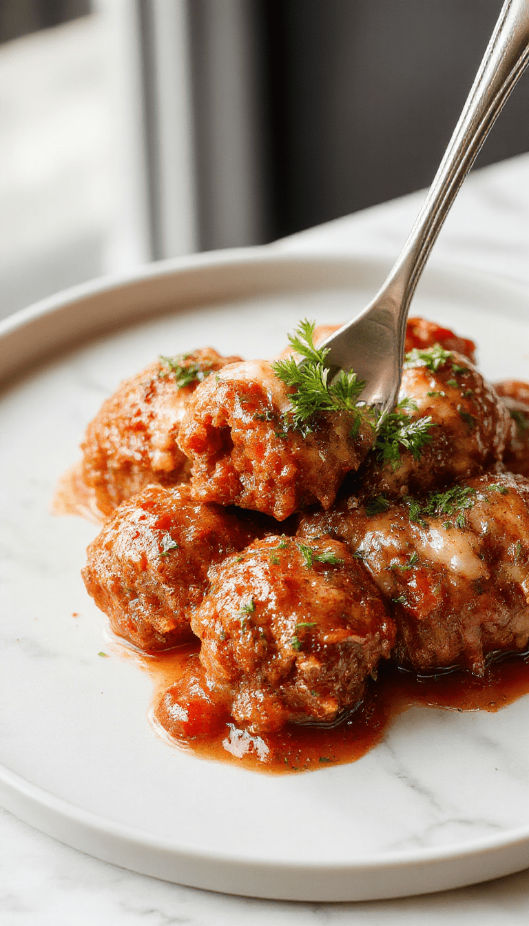 A close-up of beautifully browned italian meatballs sitting on a rustic plate, garnished with fresh parsley. The meatballs have a glossy, tender texture, showcasing their juicy interior. The background features a blurred bowl of marinara sauce, steaming pasta, and vibrant herbs, highlighting a hearty italian meal with rich reds, greens, and browns, styled for an inviting homemade dinner.