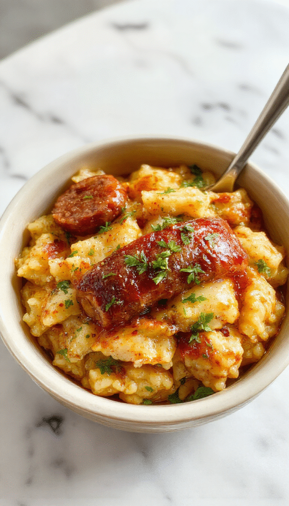 A vibrant bowl featuring golden brown smoked sausage slices atop fluffy white rice garnished with chopped parsley. The dish is showcased on a rustic wooden table with a side of colorful vegetables and a sprig of fresh herbs. The textures of the sausage are crispy on the edges, and the rice looks perfectly cooked, creating an inviting and hearty presentation with warm, appetizing colors.