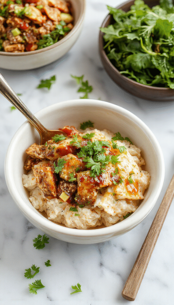 Colorful ground turkey teriyaki rice bowls featuring glossy glazed turkey atop fluffy white rice, garnished with bright green scallions and toasted sesame seeds, arranged neatly in a deep bowl with a glossy soy glaze. The presentation highlights the vibrant textures and appealing shine of the dish, styled on a rustic wooden table with a splash of soy sauce nearby.