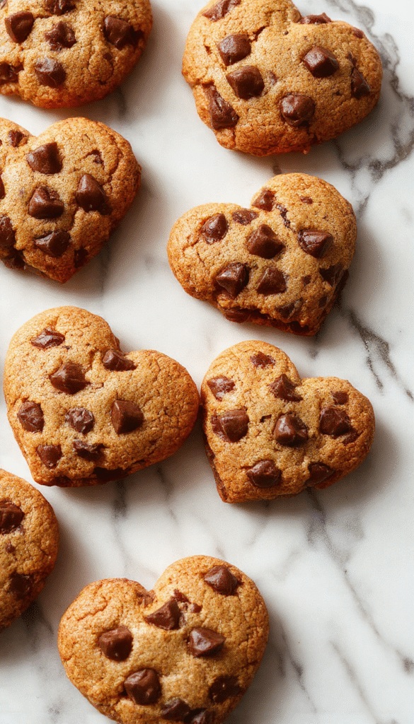Colorful heart-shaped chocolate chip cookies arranged on a rustic wooden platter with a soft focus background. The cookies are golden brown with melty chocolate chips visible and have a slightly crisp texture. Some cookies are stacked, showcasing their heart shape, while others are broken open to reveal gooey chocolate inside. Decorated with pink and red sprinkles, enhancing the romantic theme.