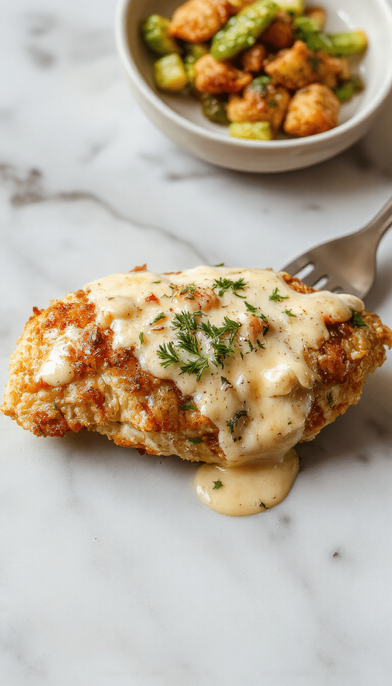 A close-up of a beautifully plated Marry Me Chicken featuring tender chicken breasts topped with a luscious creamy sauce, sprinkled with fresh herbs. The dish is served on a rustic white plate, with a garnish of parsley and a side of sautéed vegetables. The vibrant colors of the sauce contrast with the golden-brown chicken, creating an inviting and elegant presentation.