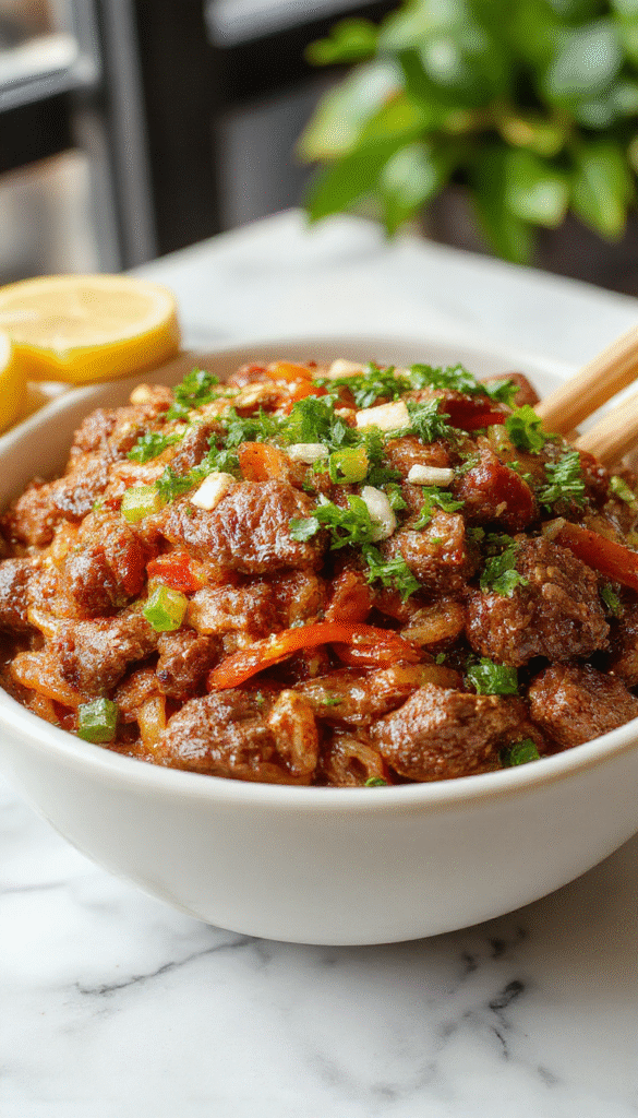 Colorful bowl of Mongolian ground beef noodles featuring tender ground beef coated in a glossy savory sauce, nestled atop perfectly cooked chewy noodles, garnished with chopped green onions and sesame seeds. The vibrant dish is styled in a rustic bowl with a drizzle of sauce, highlighting the textures and rich colors of the ingredients, with a background of rustic wooden table and fresh ingredients.