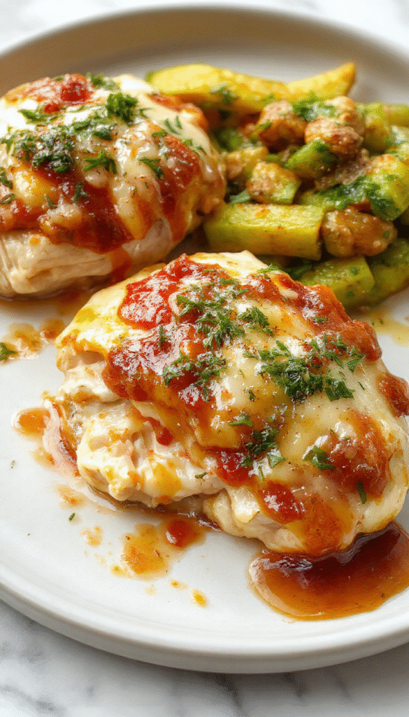A close-up of a bubbling, golden-brown Chicken Parmesan served on a white plate, topped with melted mozzarella and marinara sauce, garnished with fresh basil. The dish has a crispy breaded crust and tender chicken, displayed attractively with a side of spaghetti, styled on a rustic wooden table with a sprinkle of grated cheese and fresh herbs.