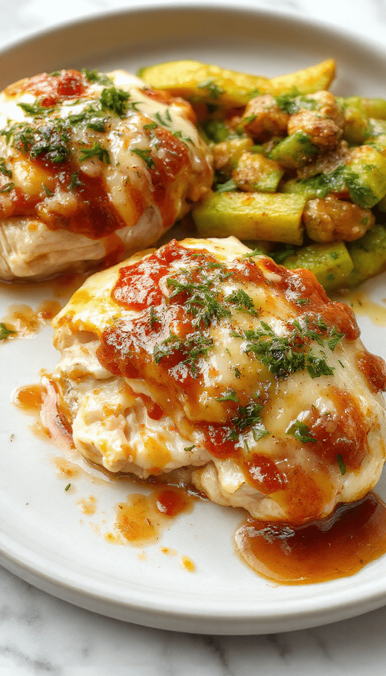 A close-up of a bubbling, golden-brown Chicken Parmesan served on a white plate, topped with melted mozzarella and marinara sauce, garnished with fresh basil. The dish has a crispy breaded crust and tender chicken, displayed attractively with a side of spaghetti, styled on a rustic wooden table with a sprinkle of grated cheese and fresh herbs.