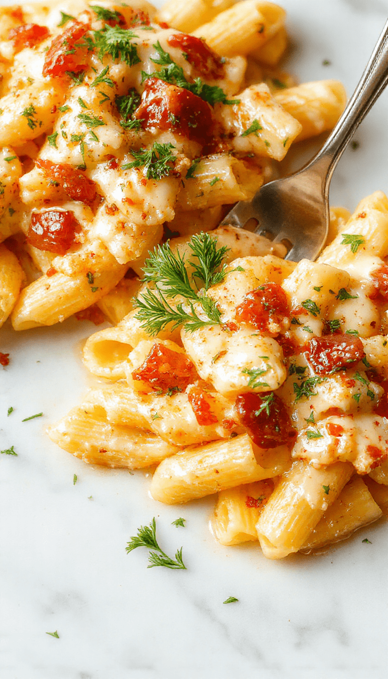 A vibrant plate of creamy Southwest Alfredo Penne Pasta featuring al dente penne coated in a rich, spicy cheese sauce. Topped with fresh cilantro, sliced jalapenos, and drizzled with a touch of sour cream, all presented on a rustic wooden platter with colorful bell peppers and a lime wedge on the side.