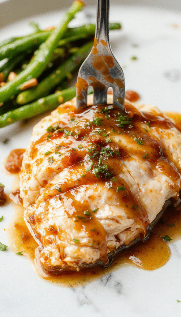 A tender, perfectly cooked chicken breast sits atop a rustic plate, smothered in rich, glossy gravy. The dish is garnished with fresh herbs and surrounded by steaming sides, with a cozy kitchen background and warm lighting highlighting the textures and flavors.