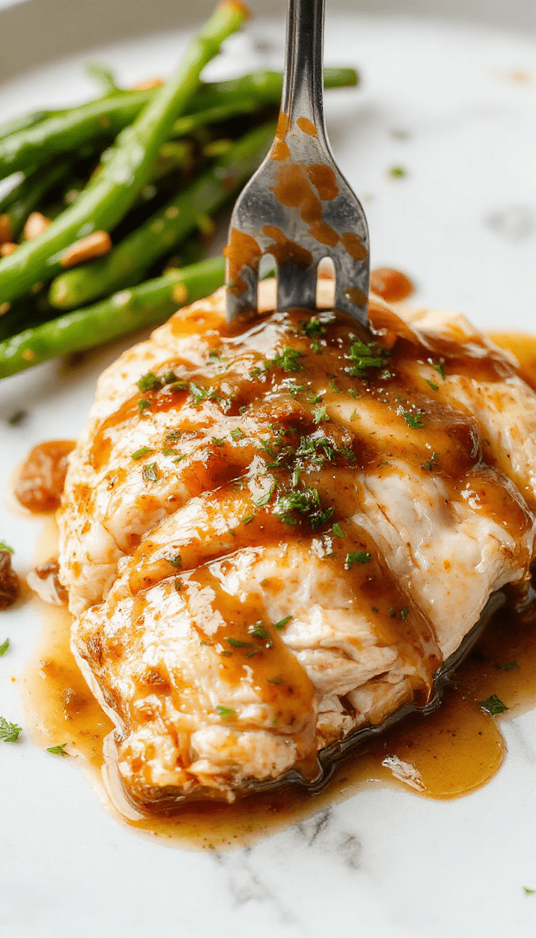 A tender, perfectly cooked chicken breast sits atop a rustic plate, smothered in rich, glossy gravy. The dish is garnished with fresh herbs and surrounded by steaming sides, with a cozy kitchen background and warm lighting highlighting the textures and flavors.