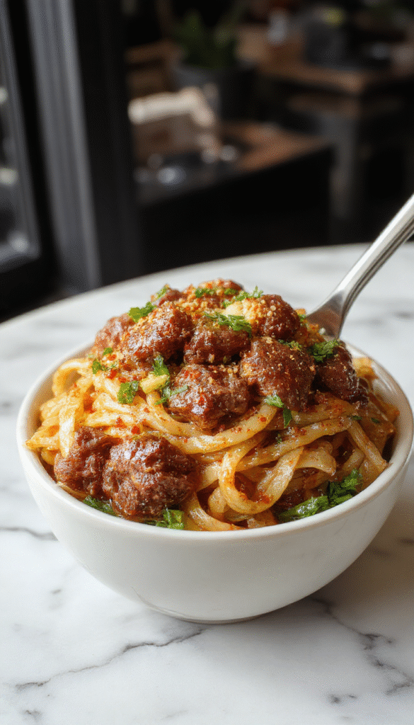 A vibrant plate of cumin lamb noodles featuring perfectly cooked tender lamb strips coated in a rich, dark cumin spice blend, intertwined with glossy, stir-fried noodles, garnished with fresh green herbs and sliced chilies on a rustic wooden table.