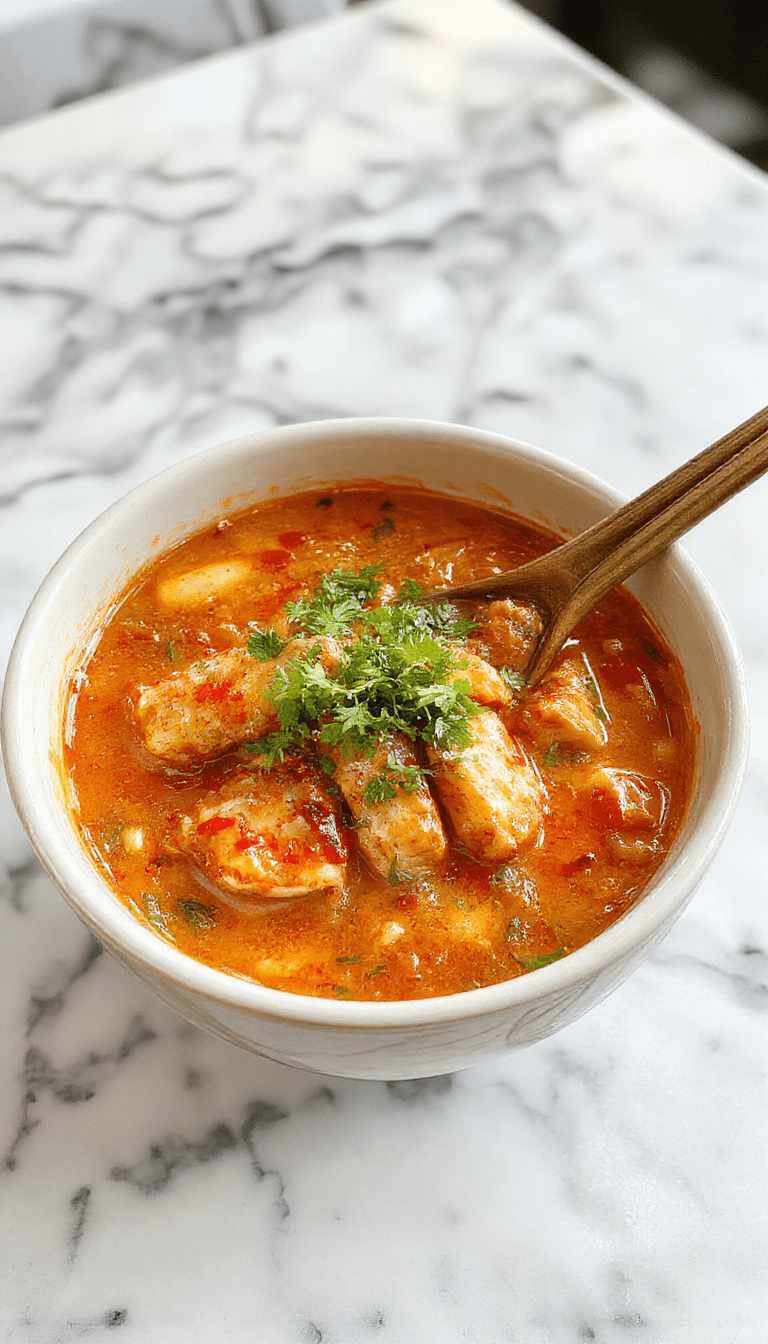 A vibrant bowl of fiery chicken ramen topped with sliced chicken, green onions, and a swirl of creamy garlic sauce. The rich broth is steaming and colorful, with textures of tender noodles and crispy chicken pieces, garnished with fresh herbs and chili flakes.