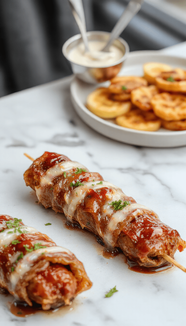 Close-up of bacon wrapped sausages glazed with brown sugar, arranged on a white plate with a glossy caramelized surface, garnished with toothpicks, showcasing the crispy bacon and tender sausages with a shiny glaze, styled on a rustic wooden table with a hint of smoky atmosphere in the background.