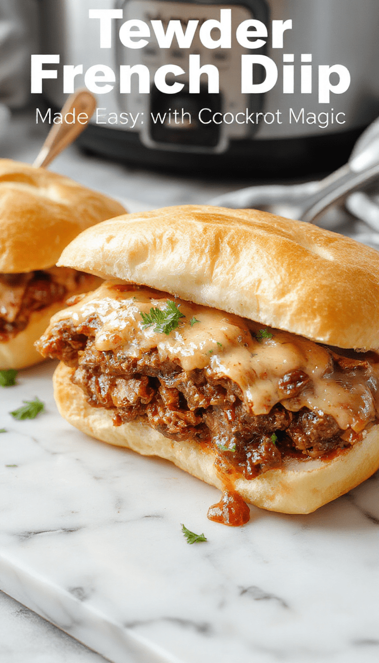 A vibrant, close-up shot of tender shredded beef piled high on toasted hoagie buns, topped with a melted layer of cheese. The sandwiches are accompanied by small bowls of rich au jus and garnished with fresh herbs. The plating is rustic yet inviting, highlighting the juicy textures and golden bread.