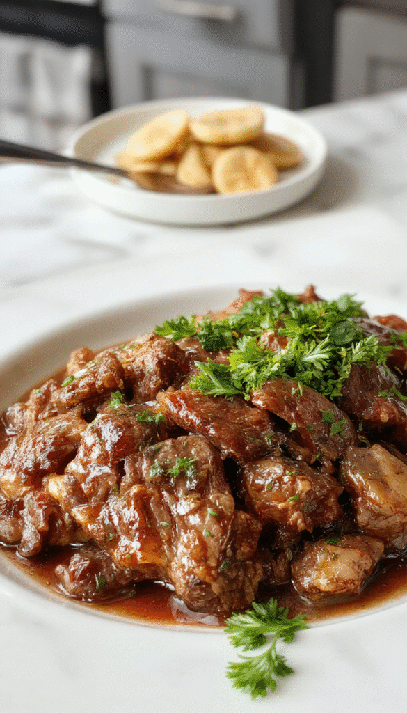 Colorful slow cooker pot roast featuring tender beef, sliced carrots, potatoes, and onions all cooked to perfection with rich gravy. The dish is plated beautifully in a rustic bowl with a side of fresh herbs, steam rising to evoke warmth and comfort, styled with a napkin and spoon for inviting presentation.