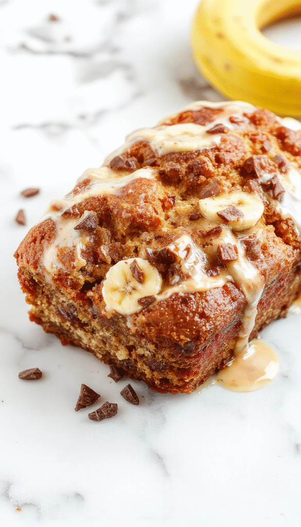 A close-up shot of sliced banana bread on a rustic wooden table, showcasing its golden-brown crust and tender crumb with visible banana chunks, garnished with a sprig of mint and a drizzle of honey, styled simply for a cozy home baking scene.