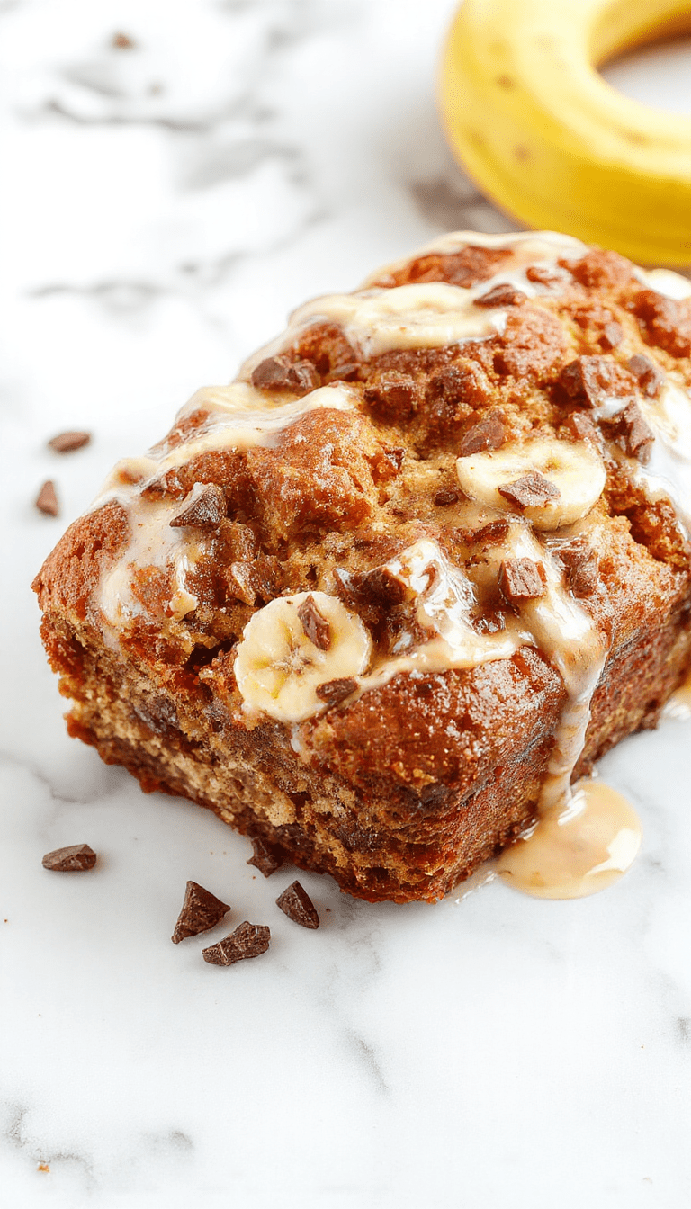 A close-up shot of sliced banana bread on a rustic wooden table, showcasing its golden-brown crust and tender crumb with visible banana chunks, garnished with a sprig of mint and a drizzle of honey, styled simply for a cozy home baking scene.