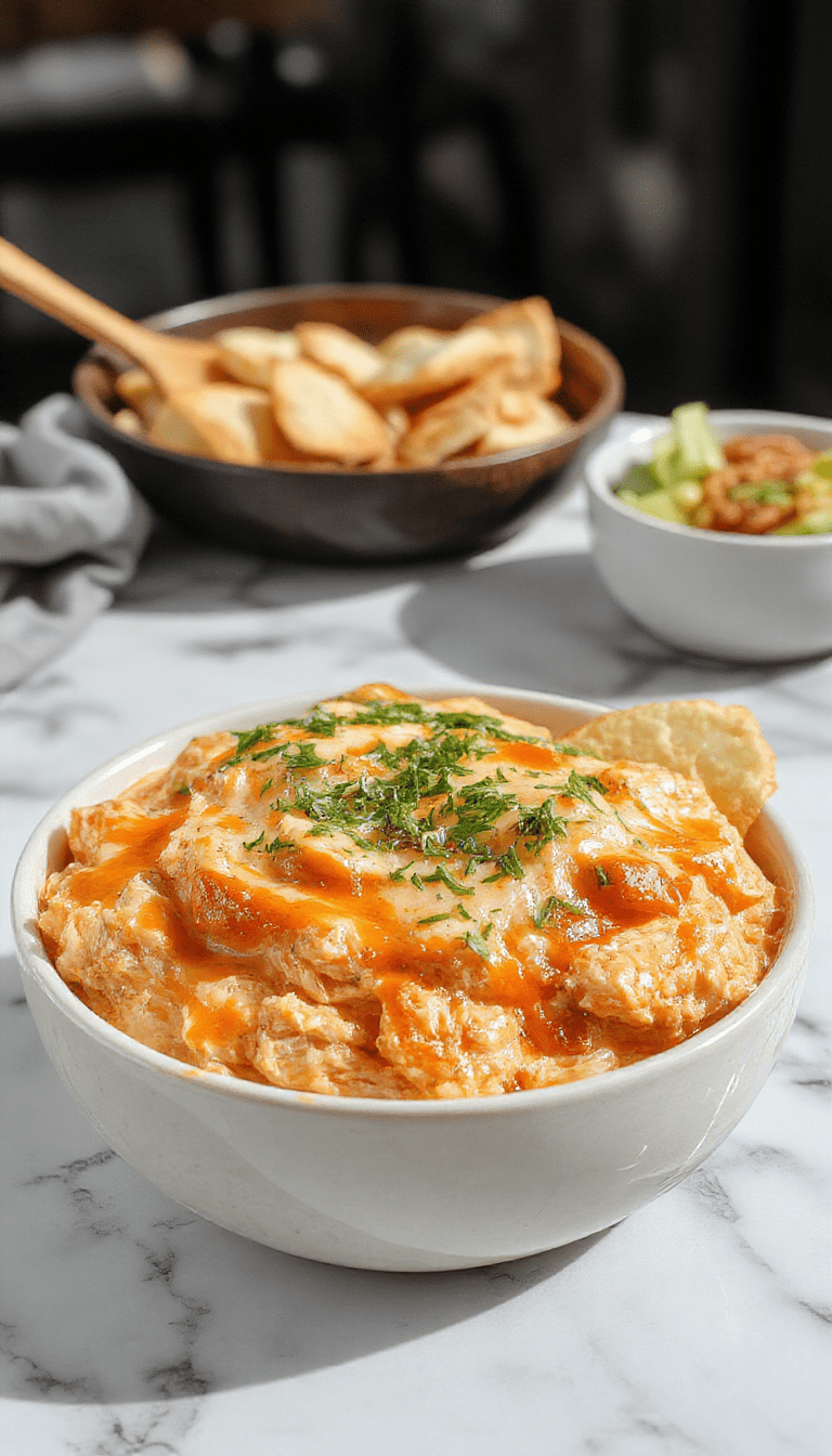 A vibrant bowl of buffalo chicken dip with a golden-brown cheesy crust, garnished with chopped green onions and celery sticks on a rustic wooden table, showcasing a creamy, spicy texture with crispy edges.