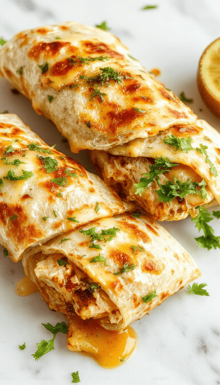 Vibrant golden-brown chicken wraps filled with melted cheese, fresh herbs, and crispy garlic on a rustic wooden platter garnished with green parsley, showcasing textures from crispy edges to gooey cheese, styled with a light drizzle of garlic sauce and colorful side vegetables.