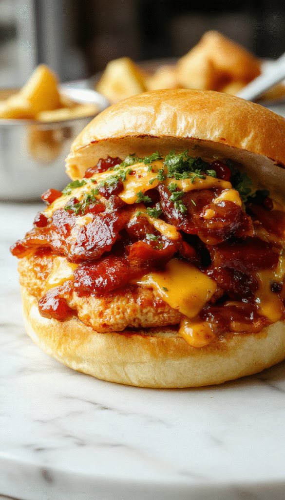 A sizzling plate of Cowboy BBQ Bacon Cheddar Chicken featuring golden-brown grilled chicken breasts topped with crispy bacon, melted cheddar cheese, and vibrant BBQ sauce. The dish is artistically plated with fresh herbs and served alongside roasted vegetables, highlighting a perfect blend of smoky, cheesy, and savory textures with a glossy finish.