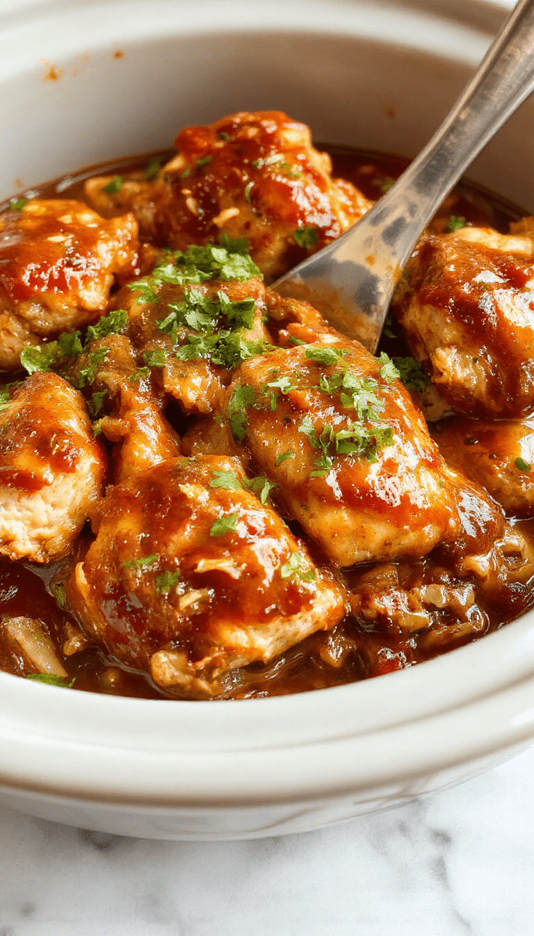 A close-up of tender shredded BBQ chicken glazed in rich, smoky sauce, served atop a white platter with a side of coleslaw and garnished with chopped cilantro. The dish has a glossy, saucy appearance with hints of caramelization, complemented by a fluffy bun and fresh herbs, styled simply on a rustic wooden table with natural lighting.