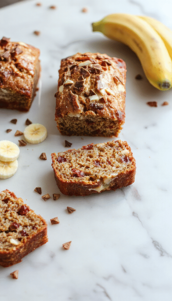 A golden-brown banana bread loaf sliced to reveal a moist interior with specks of ripe bananas. The bread rests on a rustic wooden surface, garnished with slices of banana and a drizzle of honey. The background features a cozy kitchen scene with warm lighting, creating an inviting and comforting atmosphere. The texture looks soft and tender, with a slightly crispy crust enhancing its appeal.