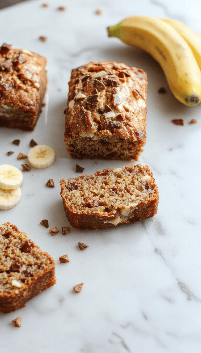 A golden-brown banana bread loaf sliced to reveal a moist interior with specks of ripe bananas. The bread rests on a rustic wooden surface, garnished with slices of banana and a drizzle of honey. The background features a cozy kitchen scene with warm lighting, creating an inviting and comforting atmosphere. The texture looks soft and tender, with a slightly crispy crust enhancing its appeal.
