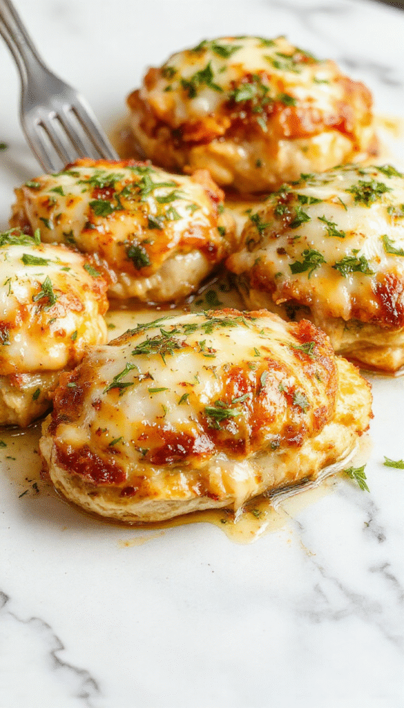 A golden-brown baked chicken breast topped with melted Parmesan cheese and sprinkled with fresh chopped parsley, served on a rustic white plate with a side of roasted vegetables. The dish is garnished with crispy garlic slices and herbs, capturing a warm, inviting appearance with a crispy crust and tender meat.