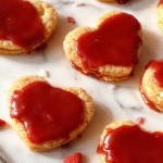 Colorful heart-shaped sandwich cookies with pink and red filling layered on a white plate, sprinkled with powdered sugar, set against a romantic pink background with soft-focus rose petals and candles, showcasing smooth textures and intricate edges of the cookies.