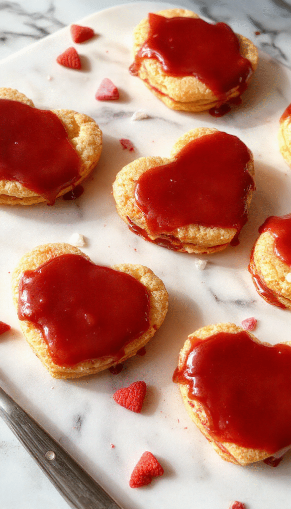 Colorful heart-shaped sandwich cookies with pink and red filling layered on a white plate, sprinkled with powdered sugar, set against a romantic pink background with soft-focus rose petals and candles, showcasing smooth textures and intricate edges of the cookies.